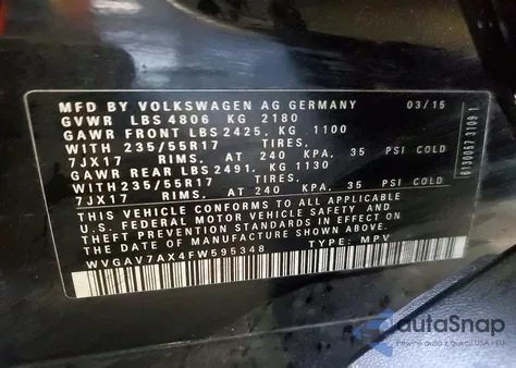 2015 Volkswagen Tiguan S from USA, damaged, VIN WVGAV7AX4FW595348